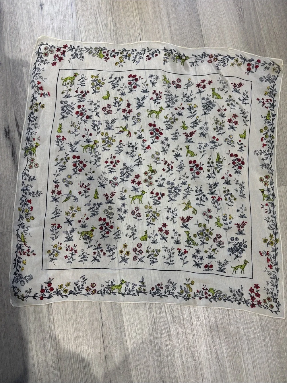 Floral & Fox Print Scarf - White with Red, Green & Gray silk.